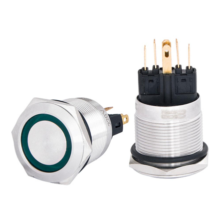 Кнопка металлическая  АСКО-УКРЕМ TYJ 22-371, с фиксацией 22мм 1NO+1NC, с подсветкой, зеленая 220V, A0140010135