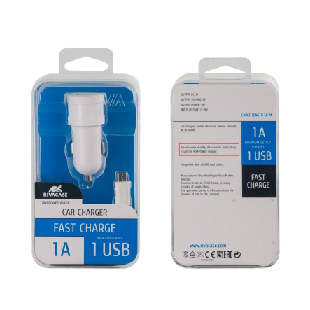 Автомобильное зарядное устройство RIVACASE VA4211 WD1 (White), 1USB, кабель micro USB, белое