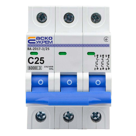 Автоматичний вимикач АСКО-УКРЕМ ВА-2017 3р, 25А С, A0010170023 - 1