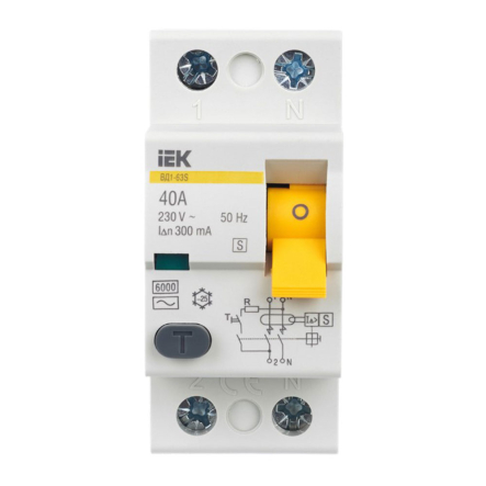 Устройство защитного отключения УЗО IEK ВД1-63S, 2Р, 40А, 300мА селективное, MDV12-2-040-300