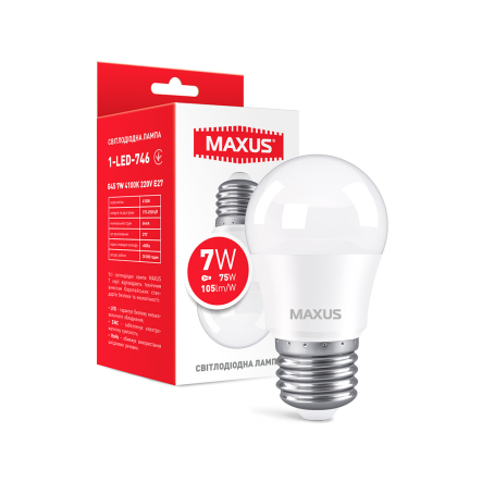 Лампа LED MAXUS, 1-LED-746 7 Вт, 4100K, E27, 220 В, G45 - 1