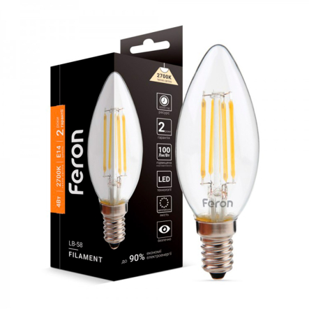 Лампа LED FERON LB-58, 4 Вт, 2700K, E14, 220 В, C37, Filament, 4776 - 1