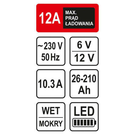 Зарядний пристрій для акумуляторів Vorel STHOR 6-12 В, від 230 В, 10,3 А, 26-210Ач, 82544