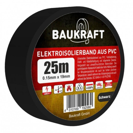 Изолента 0,15мм*19мм 25м, черная, TM BAUKRAFT, Germany - 1