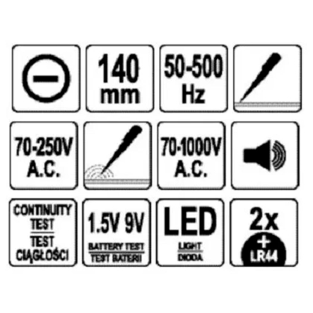 Индикатор напряжения звуковой комбинированный YATO YT-28631, 70-1000 В, 145 мм