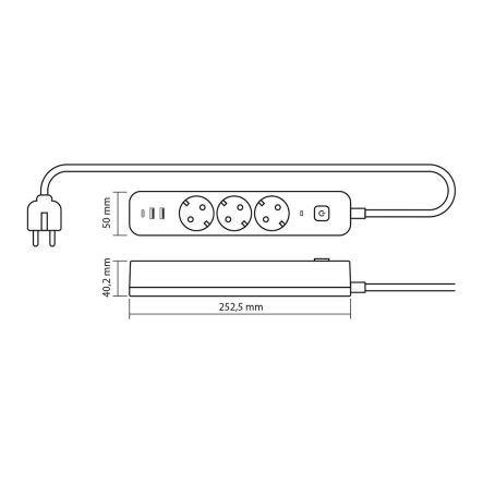 Удлинитель сетевой 3 гнезда 3м 1.5мм 2.4А 2USB Type-C з/з, черный, VIDEX ONCORD, VF-PD33G2U1C-B