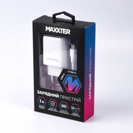Зарядное устройство Maxxter WC-QC-AtC-01, USB (Quick Charge 3.0) 5V / 2.4A-9V / 1.2A + Кабель USB-A to Type-C