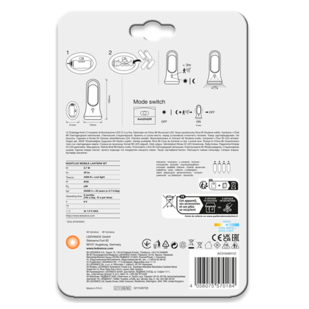 Фонарик-лампа LEDVANCE NIGHTLUX MOBILE LANTERN 0,65 W/4000 K 30 lm с датчиком движения и освещенности (4058075570184)