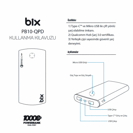 Повербанк (УМБ) BIX PB10-QPD, 10000 мАг, 18 Вт, 37 Вт*ч, MicroUSB + Type-C, USB A +Type-C, PD, чорний - 5