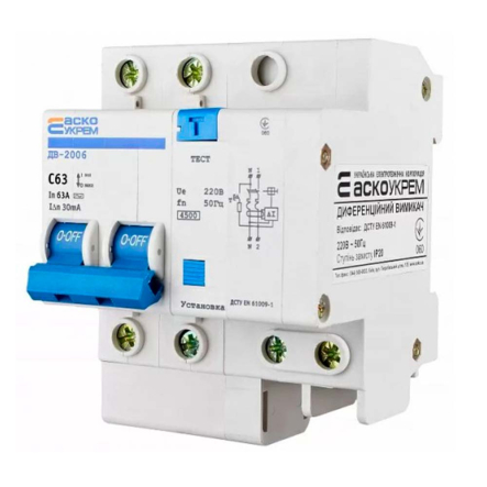 Автоматический выключатель дифференциального тока АСКО-УКРЕМ ДВ-2006, 2р, C 63А/30 мА, A0030030005