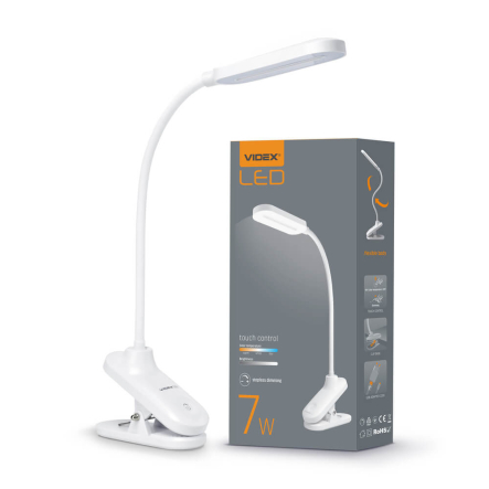 Лампа настольная светодиодная VIDEX VL-TF09W, 7 Вт, 3000-5500K, диммер, белая, на прищепке, 25051 - 1