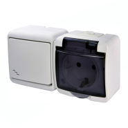 Микс горизонтальный (прох. выкл.+1-я розетка schuko дымчатая кр.) (IP44) белый, VRHH-3sd Hermetics, ETI