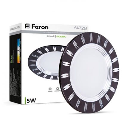 Светильник светодиодный FERON AL779, 5W, 4000K, 400Lm, круглый, встраиваемый, 93х28мм, черный, 4989 - 2