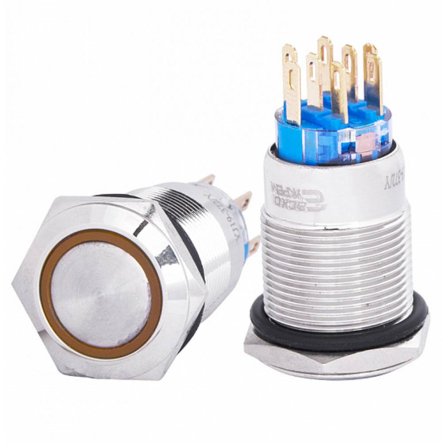 TYJ 19-372 Кнопка металлическая, АСКО-УКРЕМ, A0140010121, плоская с фиксацией 2NO+2NC, с подсветкой, желтая, 220V