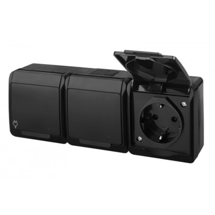 Розетка накладная тройная, черная, IP44, Elektro-Plast Hermes, 0326-09