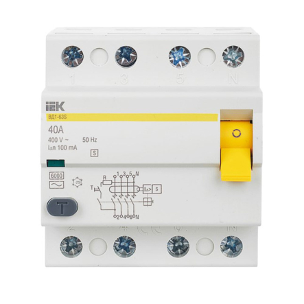 Устройство защитного отключения УЗО IEK ВД1-63S, 4Р, 40А, 100мА, селективное, MDV12-4-040-100