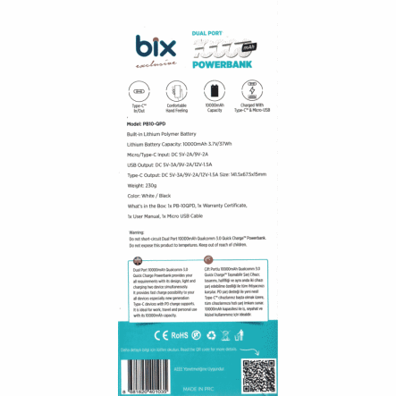 Повербанк (УМБ) BIX PB10-QPD, 10000 мАг, 18 Вт, 37 Вт*ч, MicroUSB + Type-C, USB A +Type-C, PD, чорний - 4