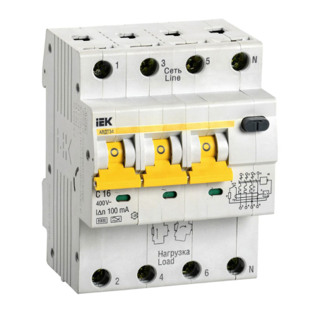 Диференціальний автоматичний вимикач IEK АВДТ-34, C16, 100мА, MAD22-6-016-C-100 - 1