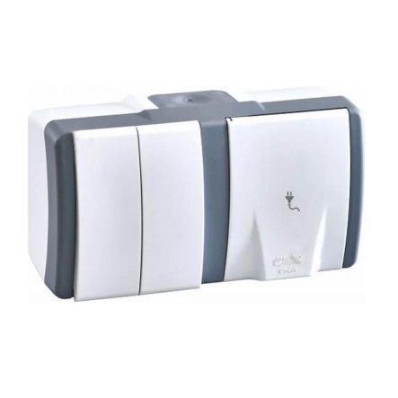 Выключатель 2кл+ розетка 1-я с з/к Mono Electric, OCTANS, IP54, бело-серый, 154-020001-181 - 1