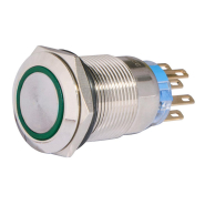 TYJ 19-372 Кнопка металлическая, АСКО-УКРЕМ, A0140010122, плоская с фиксацией 2NO+2NC, с подсветкой, зеленая, 220V