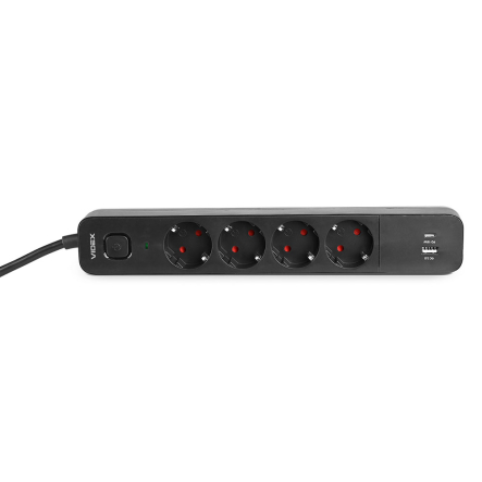 Удлинитель сетевой 4 гнезда 3м (3x1.5мм) 3.4А USB(QC3.0) +USB-C(PD18W) черный, VIDEX ONCORD, VF-PD43G1QC1PD-B
