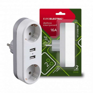 Двійник мережевий EUROELECTRIC EE-2, 2*USB (5В/2.1А), 220В, 16A, з заземленням