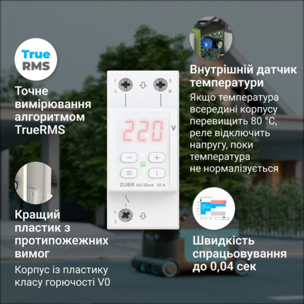 Реле напряжения ZUBR D2-32 red (2 модуля) с термозащитой