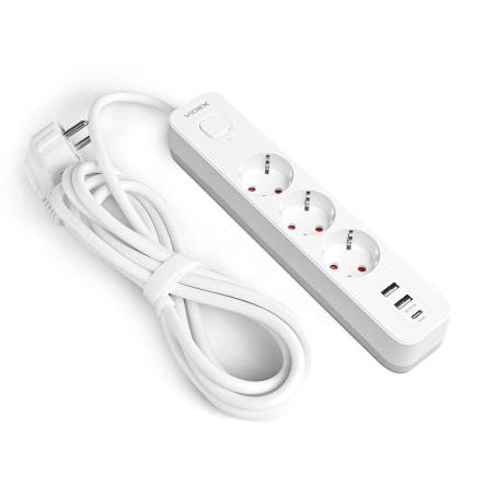 Удлинитель сетевой 3 гнезда 3м 1.5мм 2.4А 2USB Type-C з/з, белый, VIDEX ONCORD , VF-PD33G2U1C-W