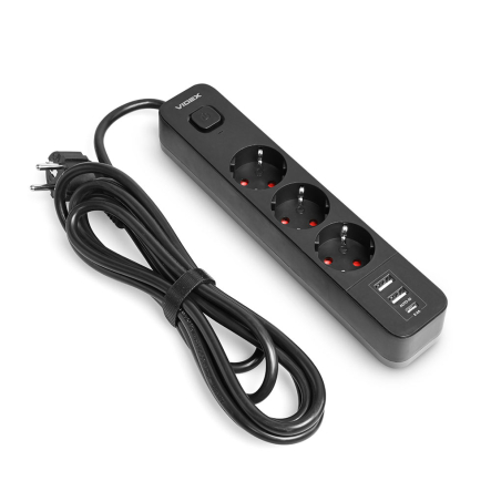 Удлинитель сетевой 3 гнезда 3м 1.5мм 2.4А 2USB Type-C з/з, черный, VIDEX ONCORD, VF-PD33G2U1C-B