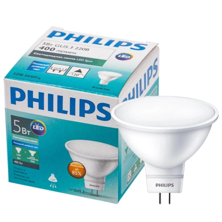 Лампа светодиодная Philips 5 Вт, 6500K, GU5.3 220 В, MR16 - 1
