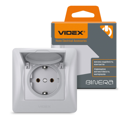 Розетка VIDEX BINERA одинарная, с заземлением, и с крышкой, серебряный шелк, VF-BNSK1GC-SS - 1