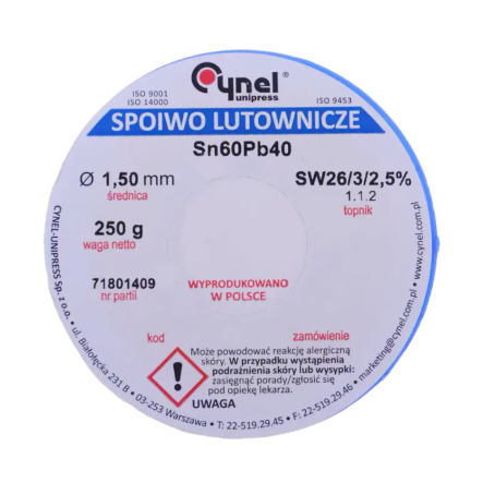 Припой оловянно-свинцовый Sn60Pb40-SW26/2,5% диам-1,5мм 250гр, з флюсом, 13-0922