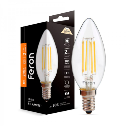 Лампа LED FERON LB-58, 4W, 2700K, E14, 220V, C37, Filament, 4776 - 1
