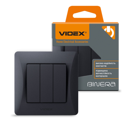 Выключатель VIDEX BINERA трехклавишный, черный графит, VF-BNSW3-BG - 1