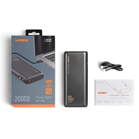 Повербанк (УМБ) VIDEX VPB-202C, 20000mAh, 75W, Black