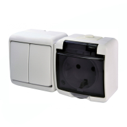 Микс горизонтальный (2кл. выкл.+1-я розетка schuko дымчатая кр.) (IP44) белый, VRHH-2sd Hermetics, ETI