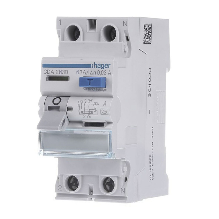 Дифреле УЗО HAGER CDA263D, 2P, 6kA, 63A, 30mA, A - 1