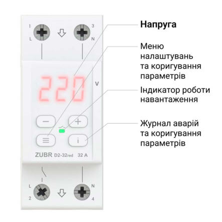 Реле напряжения ZUBR D2-32 red (2 модуля) с термозащитой