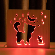 Нічник LED дерев'яний Кіт та мишка під місяцем (RGB/1)