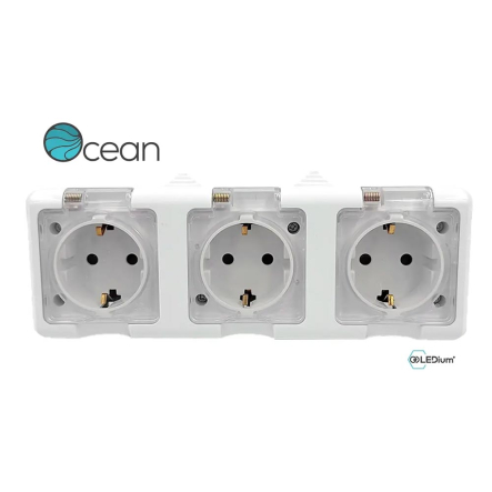 Розетка трехместная с заземлением OCEAN LEDium, 16А, IP54, белая - 1