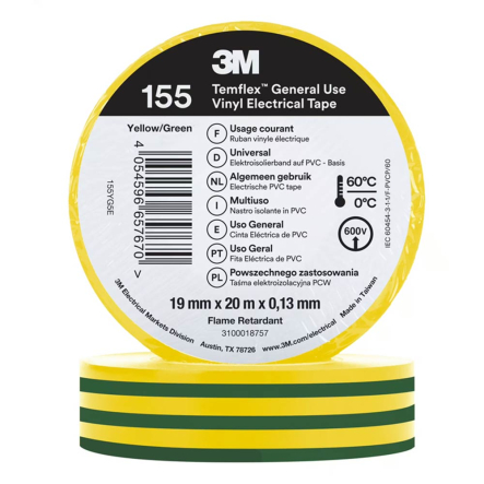 Ізоляційна стрічка 3M Temflex 155 19mm x 20m, жовто-зелена - 1