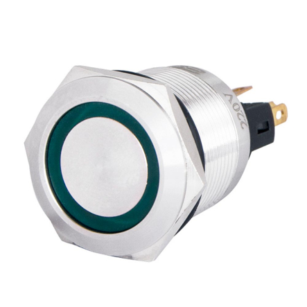 Кнопка металлическая АСКО-УКРЕМ TYJ 22-371, с фиксацией 22мм 1NO+1NC, с подсветкой, зеленая 220V, A0140010135 - 1