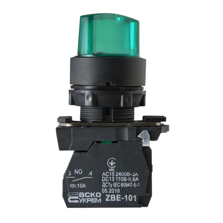 Кнопка поворотная 2-х позиционная с подсветкой, зеленая, TB5-AK123M5, ACKO-УКРЕМ, A0140010165