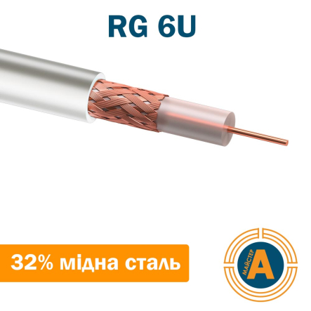Кабель коаксіальний RG-6U 32% мідна сталь 1.02 ПВХ, білий, 100 м, Electro House ЕН-1 - 1