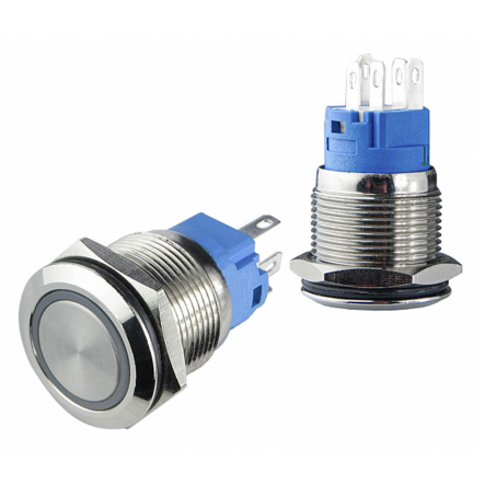 TYJ 19-371 Кнопка металлическая, АСКО-УКРЕМ, A0140010119, плоская с фиксацией 1NO+1NC, с подсветкой, зелёная, 220V