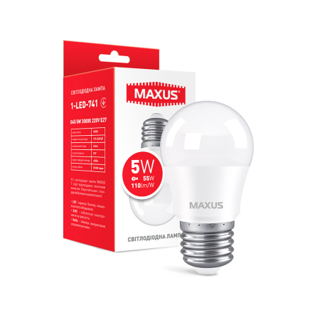 Лампа LED MAXUS, 5 Вт, 3000K, E27, 220 В, G45 - 1