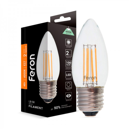 Лампа LED FERON LB-58, 4 Вт, 4000K, E27, 220 В, C37, Filament, 4844 - 1