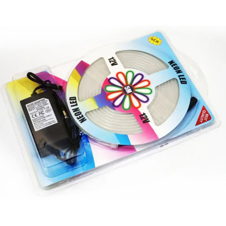 Лента силиконовая 5м, LED NEON 12V-220V, SMD 2835, IP65, белая, 12В, (есть адаптер 220В)