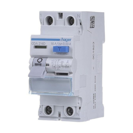 Дифреле УЗО HAGER CDA216D, 2P, 6kA, 16A, 30mA, A - 1