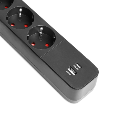 Удлинитель сетевой 4 гнезда 3м (3x1.5мм) 3.4А USB(QC3.0) +USB-C(PD18W) черный, VIDEX ONCORD, VF-PD43G1QC1PD-B